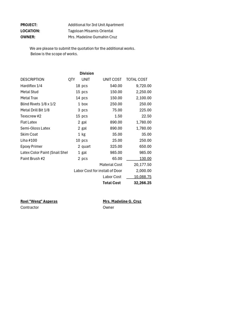 Quotation for 3rd Unit Apartment Renovation | PDF