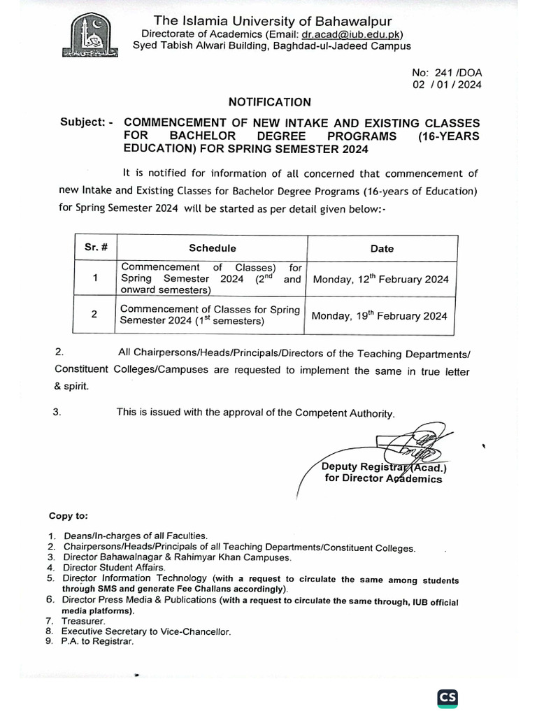 Commencement of New Intake and Existing Classes Spring 2024 | PDF