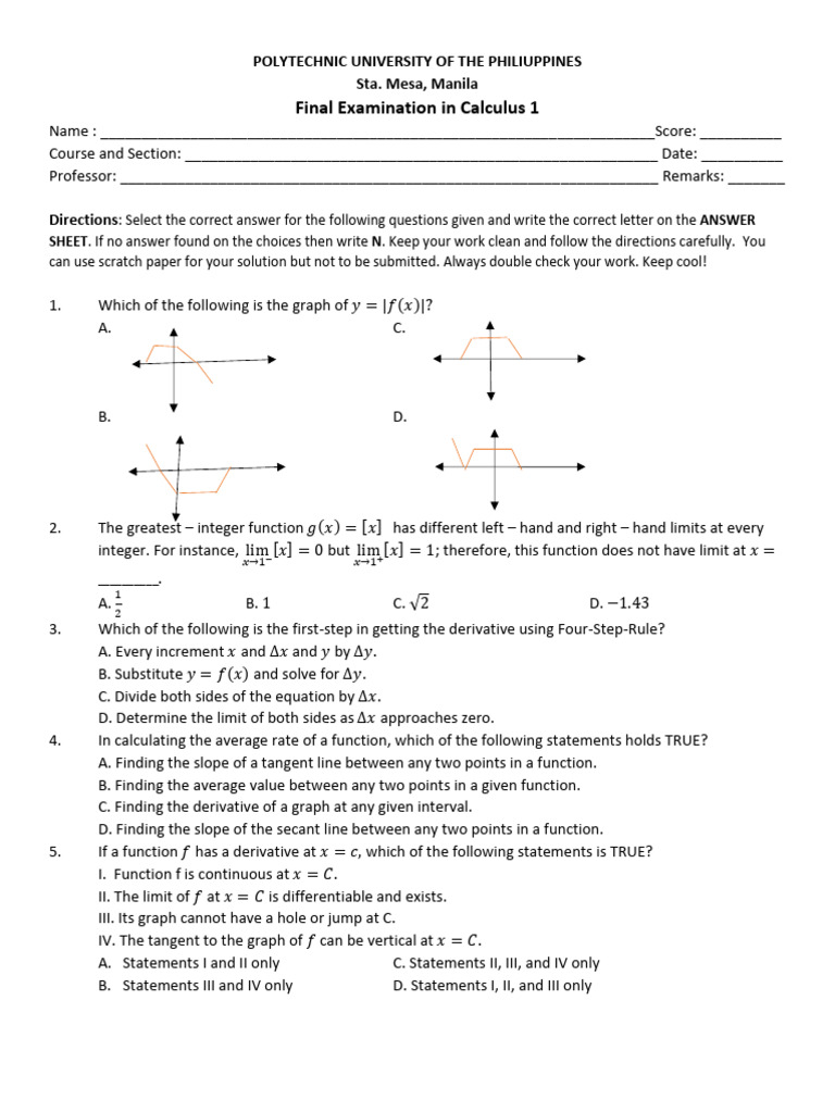 Calculus 1 Final Exam Questions | PDF | Derivative | Function (Mathematics)