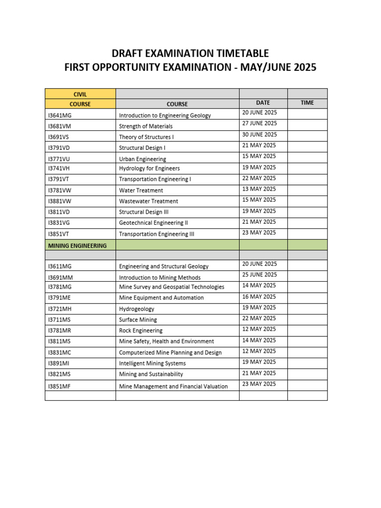 Mechanical Engineering Exam Schedule 2025 | PDF | Engineering | Mining