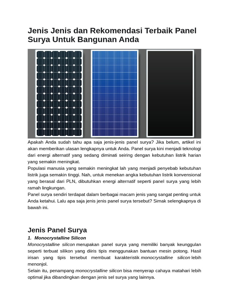 Jenis dan Rekomendasi Panel Surya | PDF