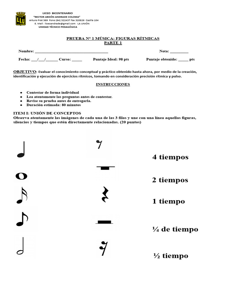 Prueba Figuras Rítmicas 8° | PDF | Ritmo | Formas musicales