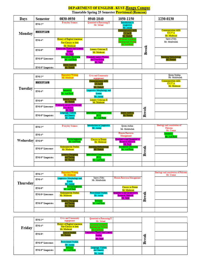 KUST English Department Spring 25 Timetable | PDF | Linguistics ...