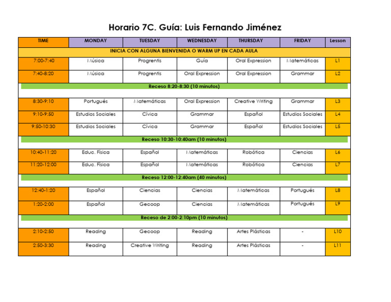 Horario 7C. Guía: Luis Fernando Jiménez | PDF