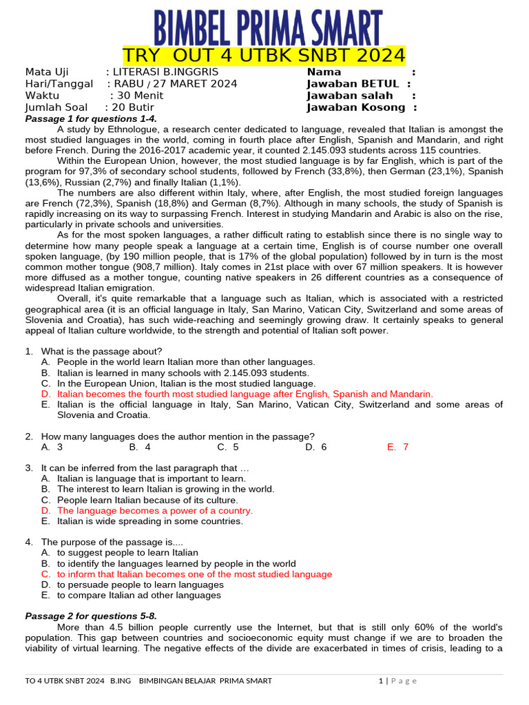 UTBK SNBT 2024: English Literacy Test | PDF | Indian Cuisine | Starch