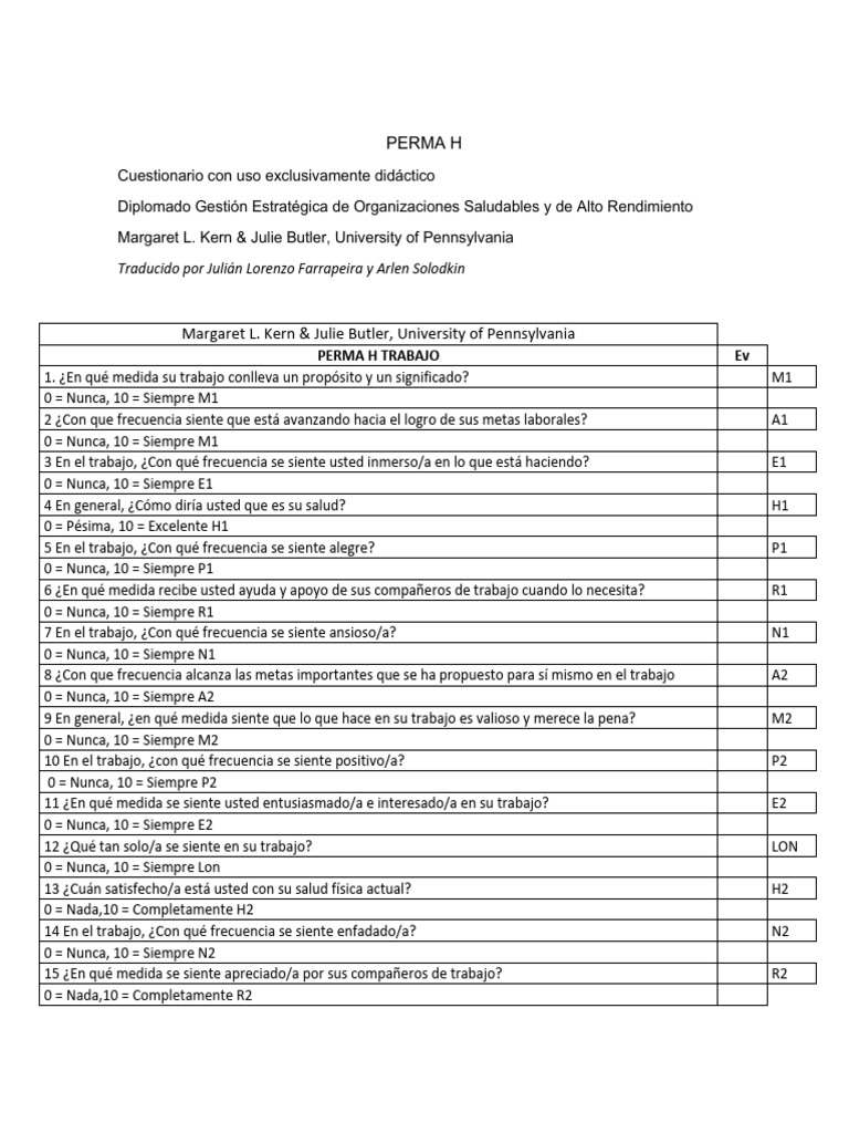Cuestionario PERMA H para el Trabajo | PDF