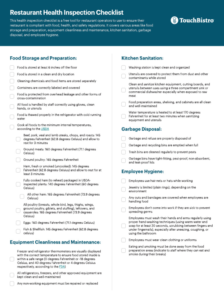 Restaurant Health Inspection Checklist | PDF | Kitchen Utensil | Hand ...