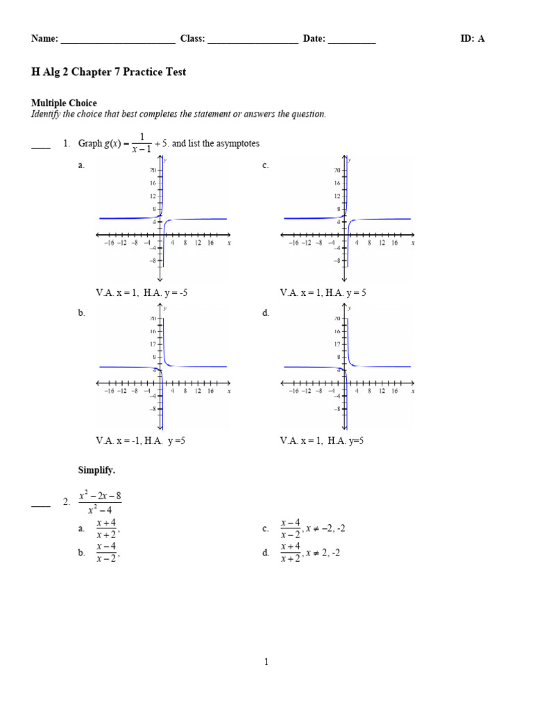 H Alg 2 Chapter 7 Practice Test | PDF | Algebra | Asymptote