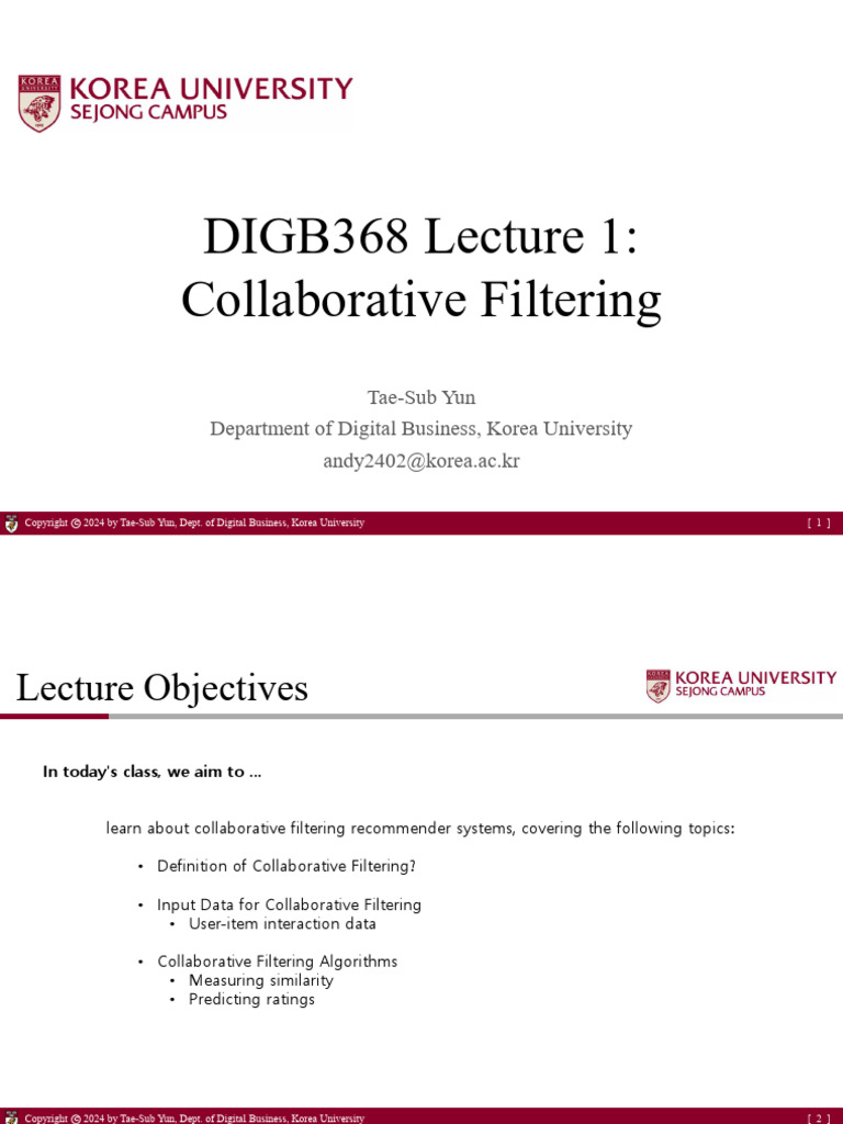 Lecture 1 - Collaborative Filtering | PDF | Applied Mathematics
