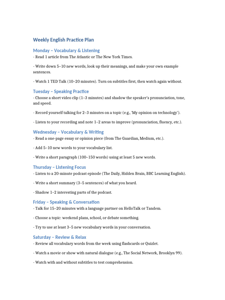 Weekly English Practice Schedule | PDF