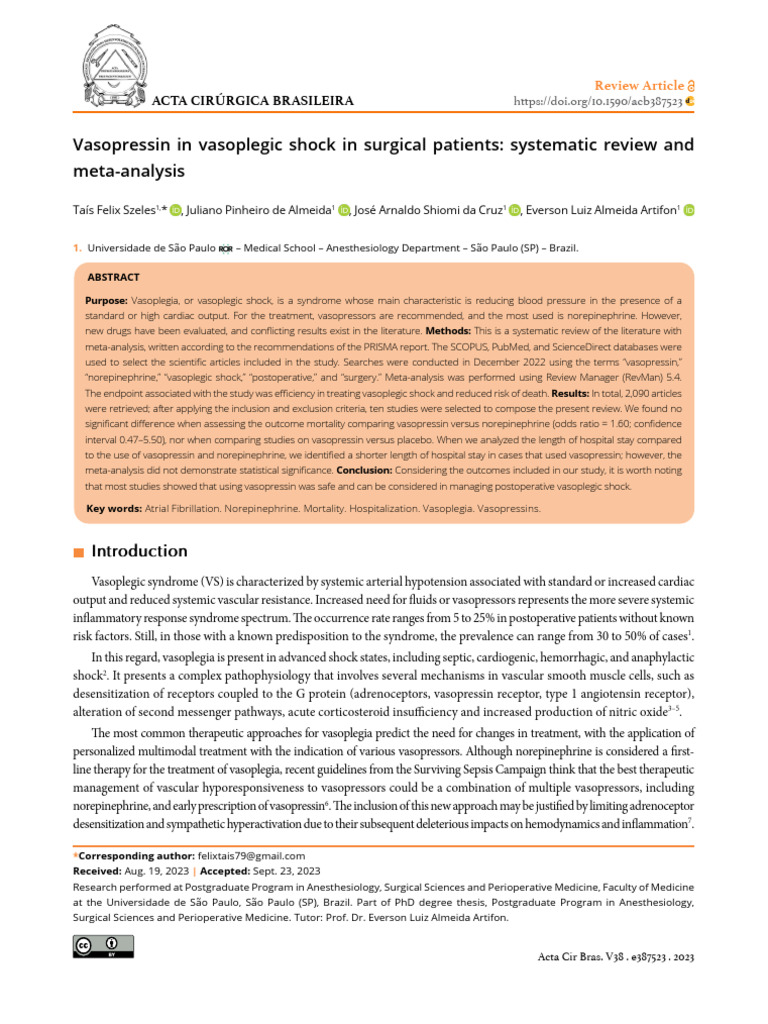 Vasopressin in Vasoplegic Shock in Surgical Patients_ Systematic Review ...