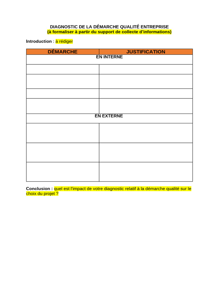 Diagnostic de la Démarche Qualité Entreprise | PDF