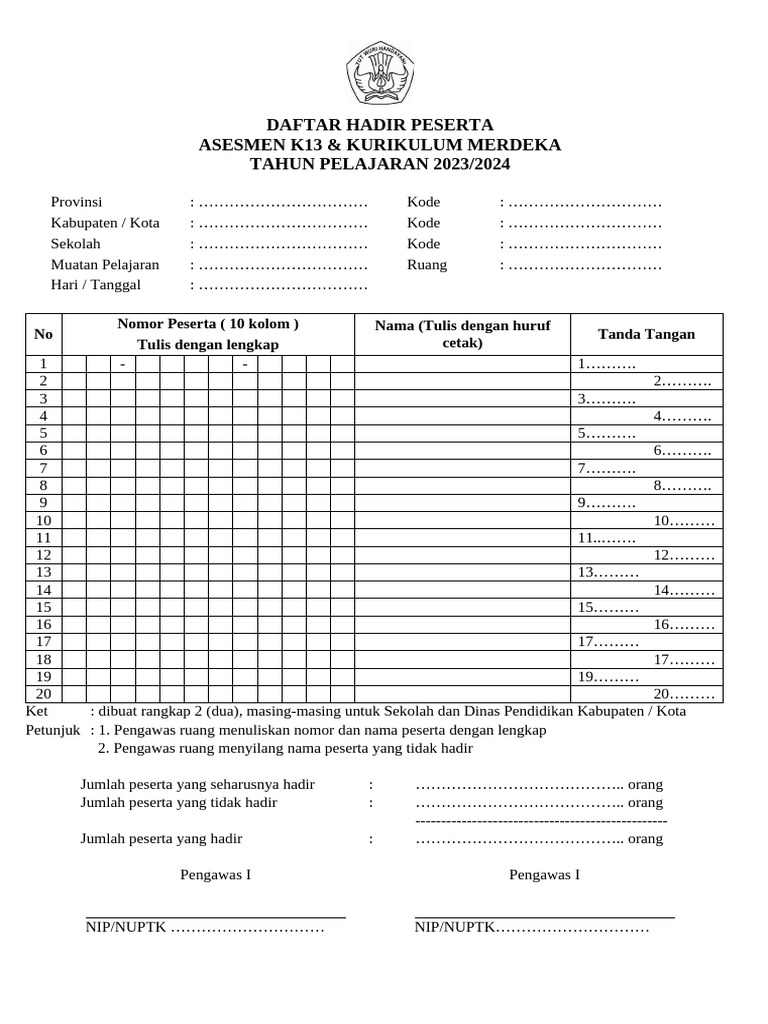 Daftar Hadir Asesmen K13 2023/2024 | PDF
