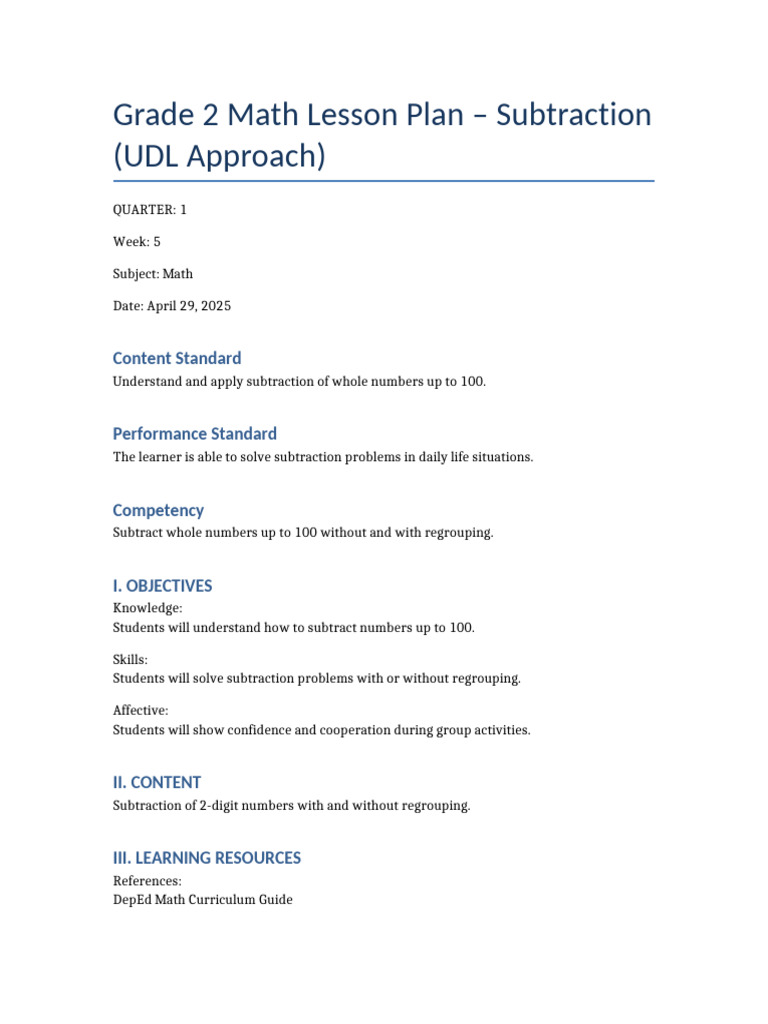Grade 2 Subtraction Lesson Plan | PDF | Learning | Mathematics