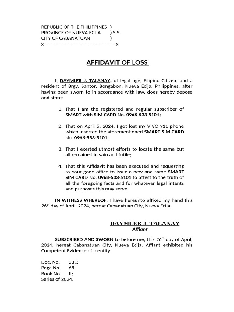 Affidavit Lost Cellphone | PDF