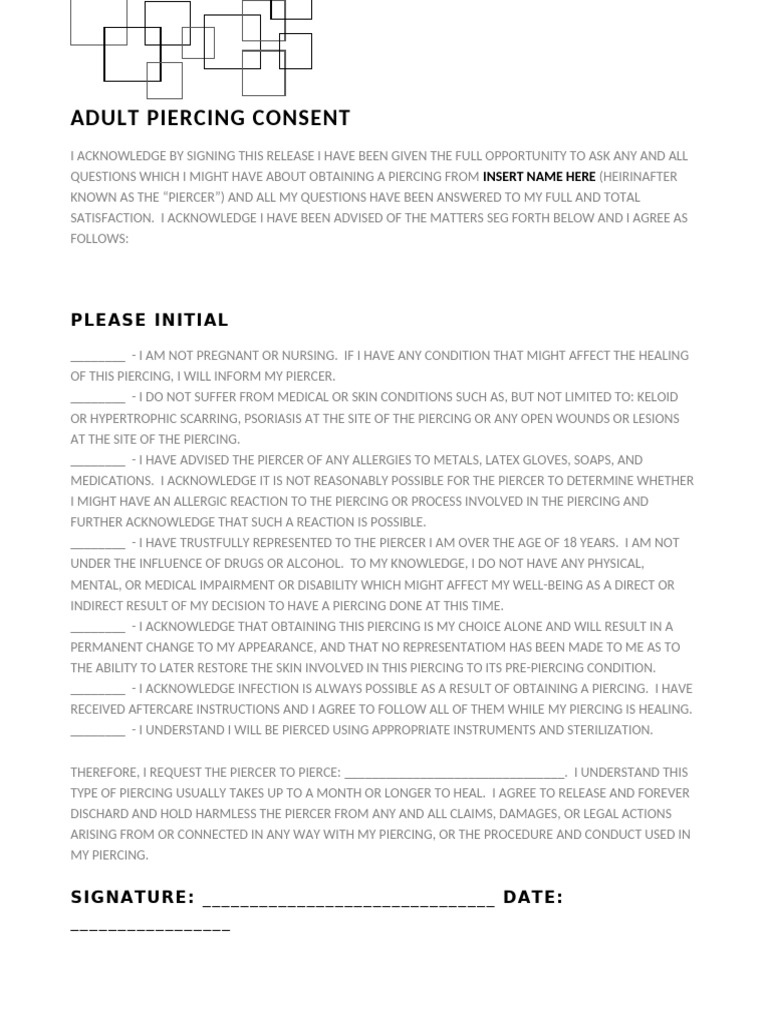 Adult Piercing Consent Form | PDF | Allergy | Consent