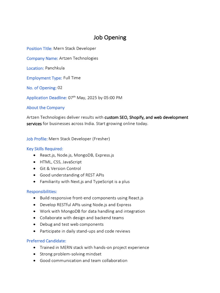 Mern Stack Developer Job in Panchkula | PDF