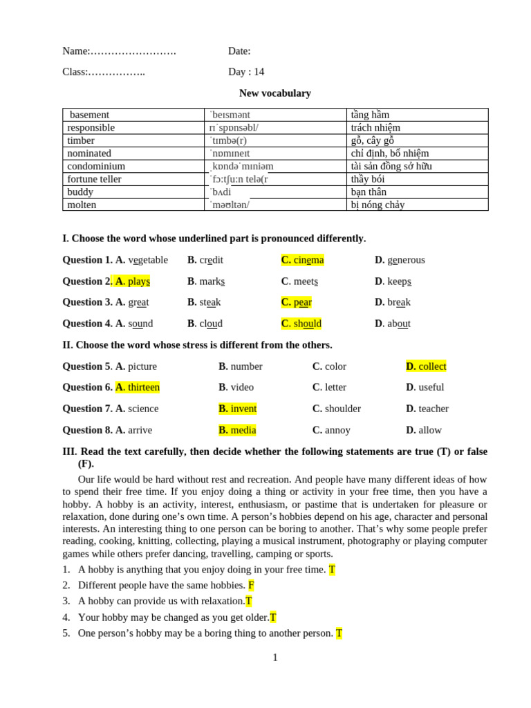 Vocabulary and Grammar Practice Guide | PDF | Hobbies