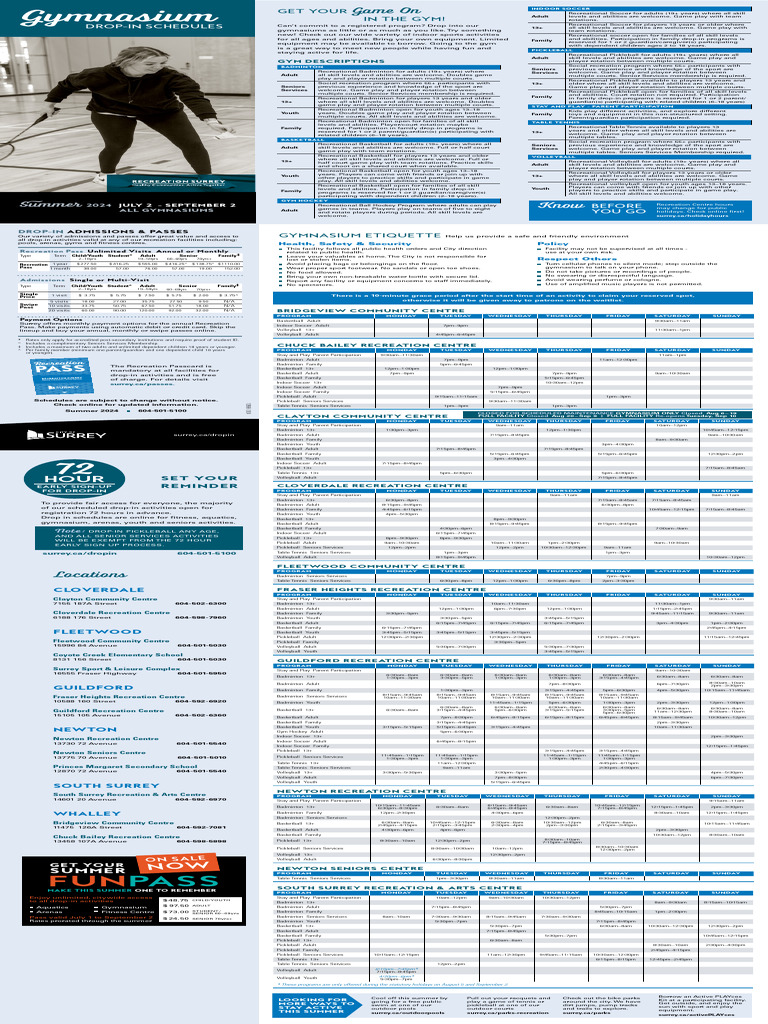 (133364) Summer 2024 Gym Drop in Schedule (WEB) | PDF | Gym
