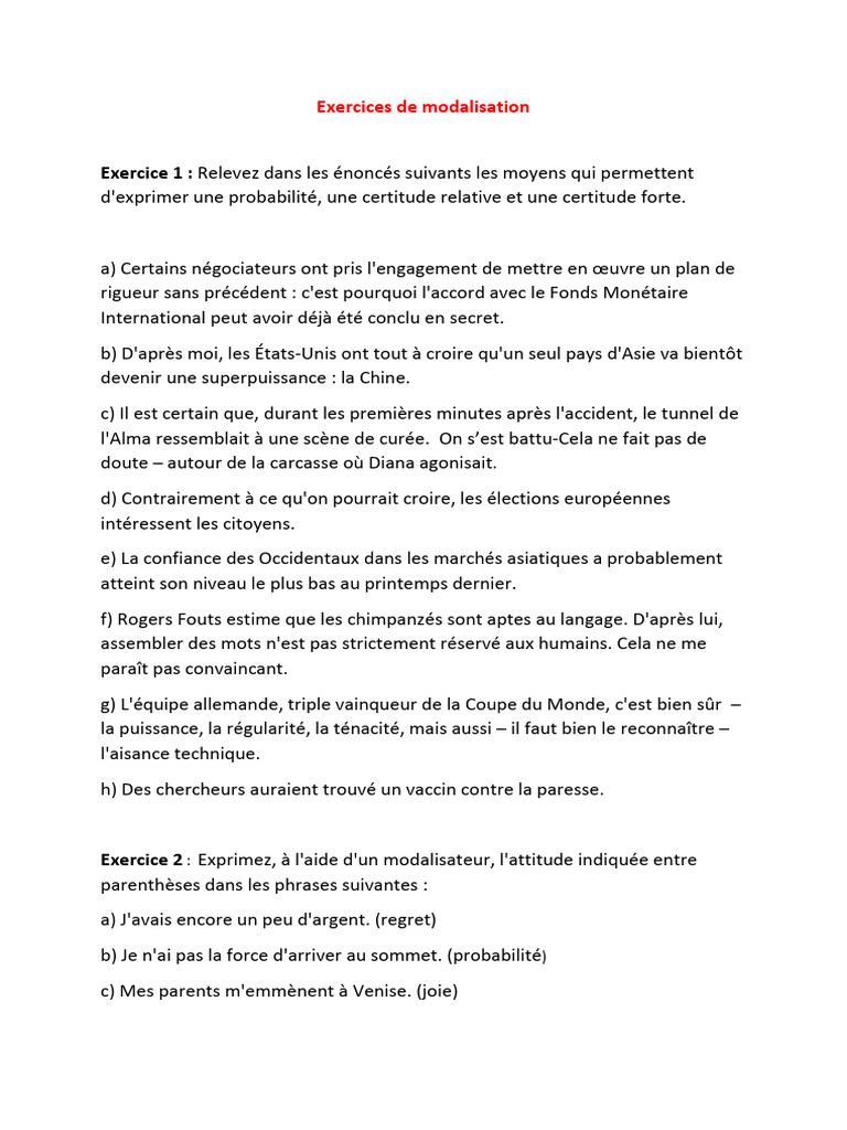 Exercices de modalisation et corrigés | PDF