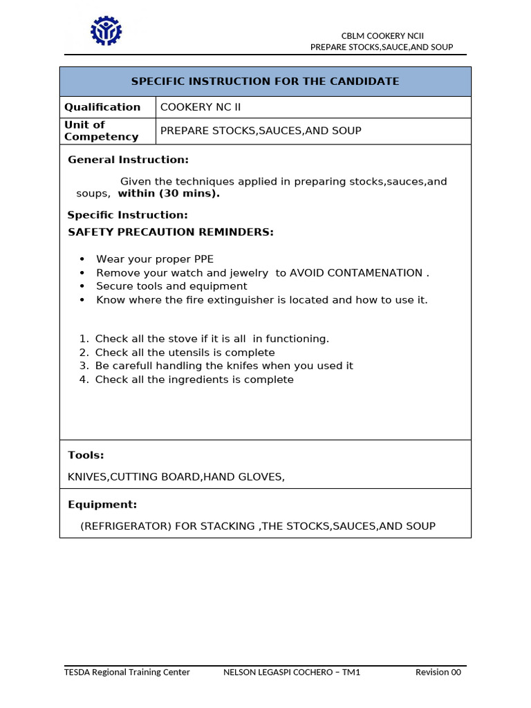Specific Instructions for Cookery NC II | PDF