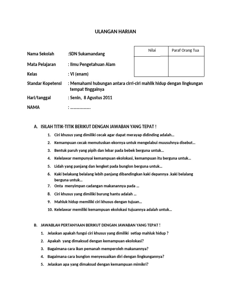 F. ULANGAN Harian IPA VI | PDF