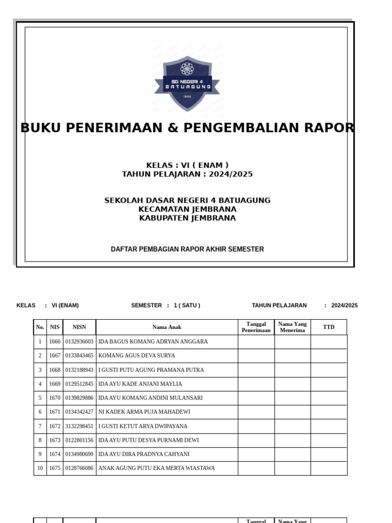 Buku Penerimaan Raport Kelas VI | PDF