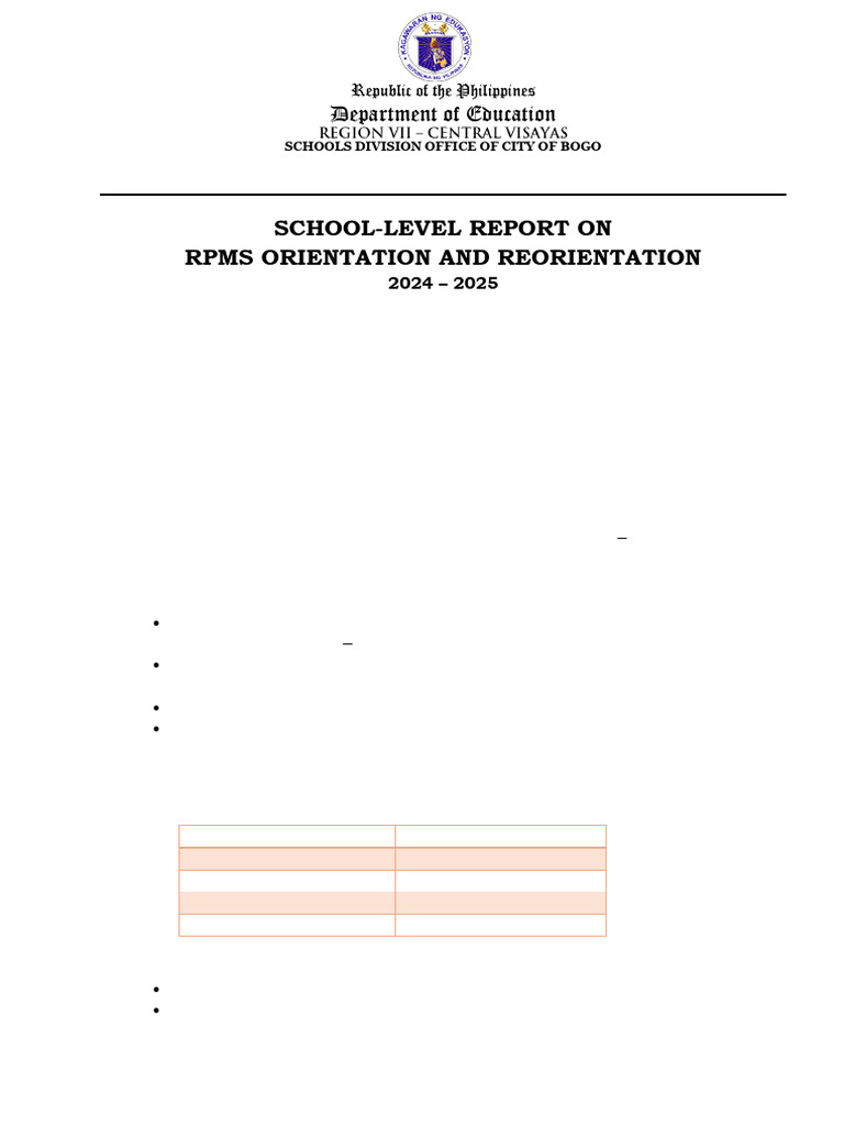 RPMS Orientation Report 2024-2025 | PDF | Learning