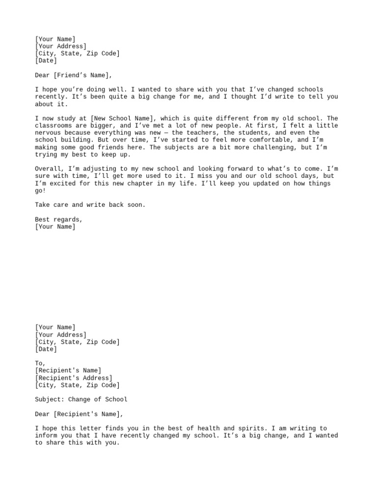 Informal Letter: School Change Update | PDF