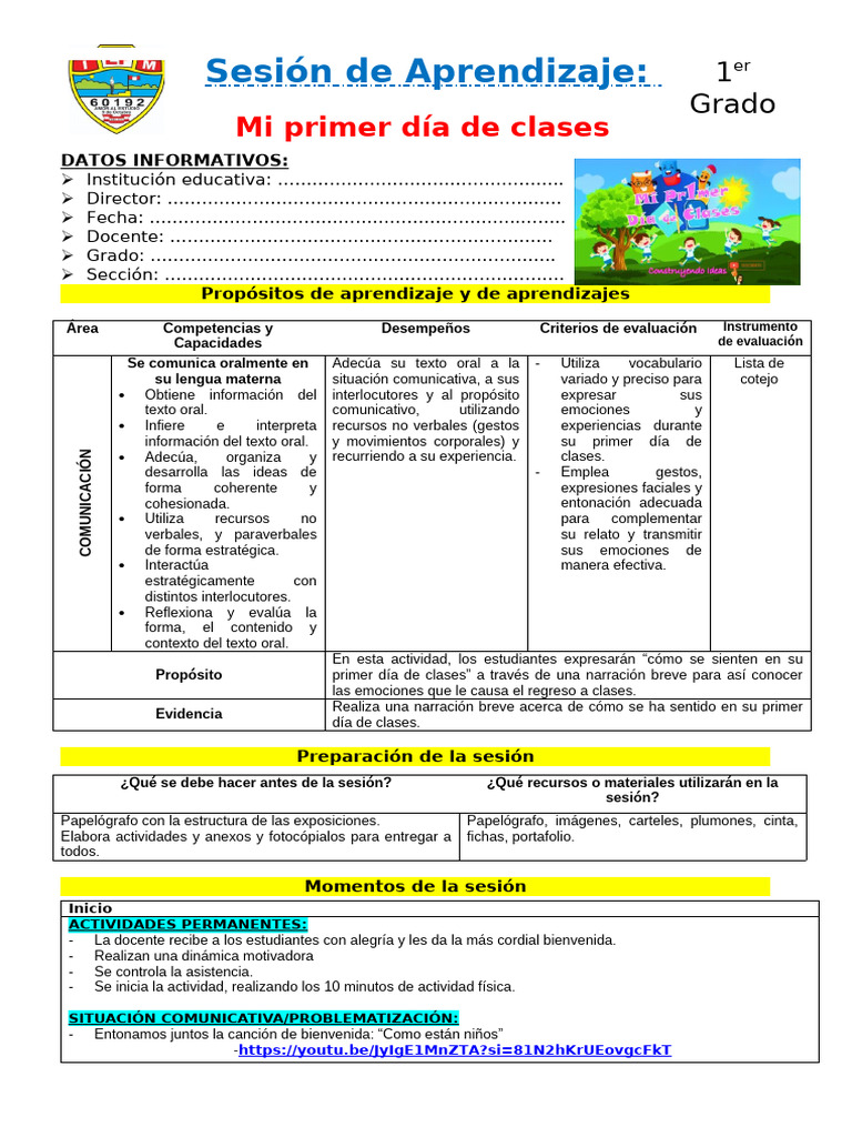 Sesión Com Mi Primer Día de Clases | PDF | Las emociones | Comunicación