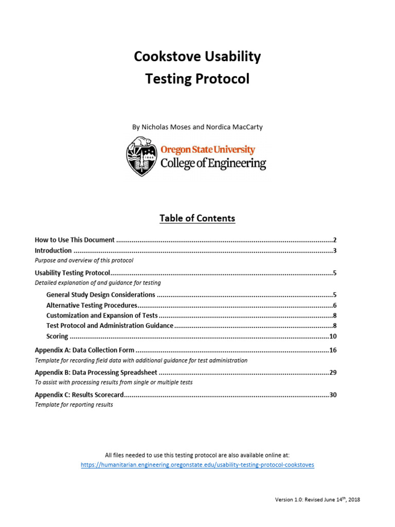Cookstove Usability Testing Protocol 1.0 | PDF | Usability | Sample ...