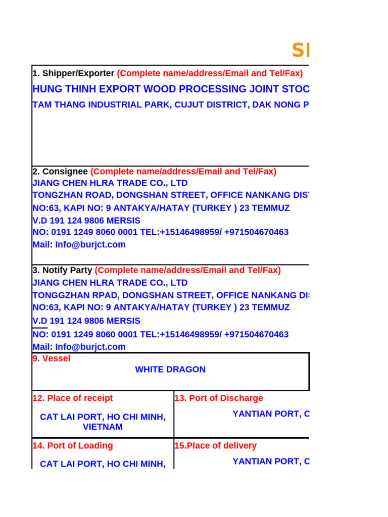 SI form | PDF | Supply Chain Management | Freight Transport