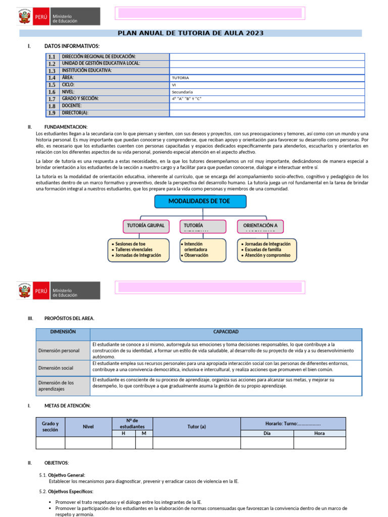 Plan Anual de Tutoría 2023 para Secundaria | PDF | Evaluación | Aprendizaje