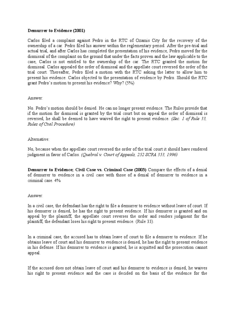Demurrer to Evidence: Legal Analysis | PDF | Demurrer | Complaint