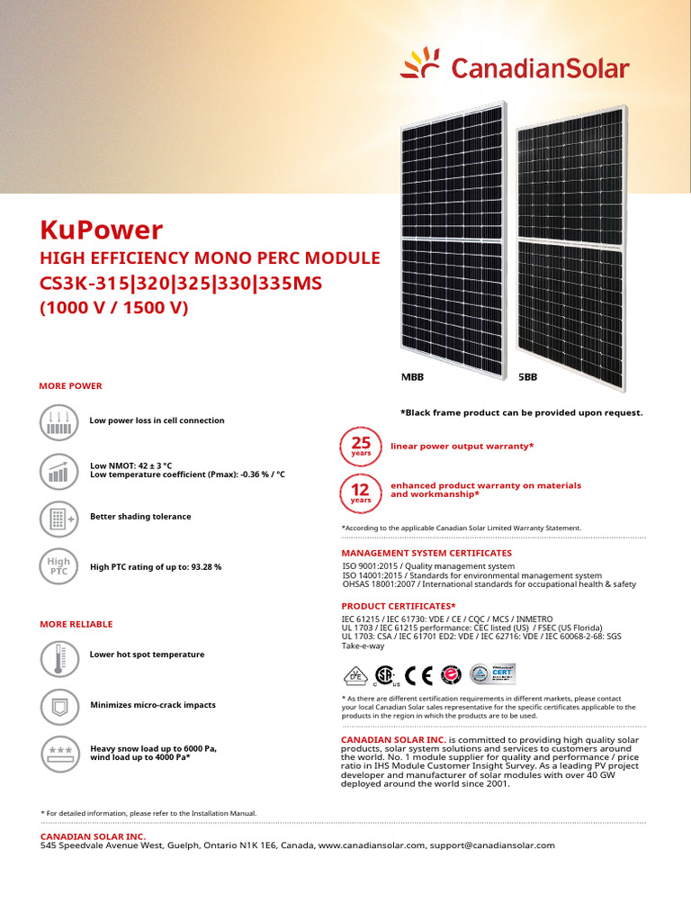 Canadian Solar Panel Specifications | PDF | Solar Panel | Fuse (Electrical)