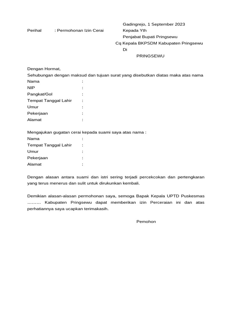 Surat Permohonan Cerai | PDF