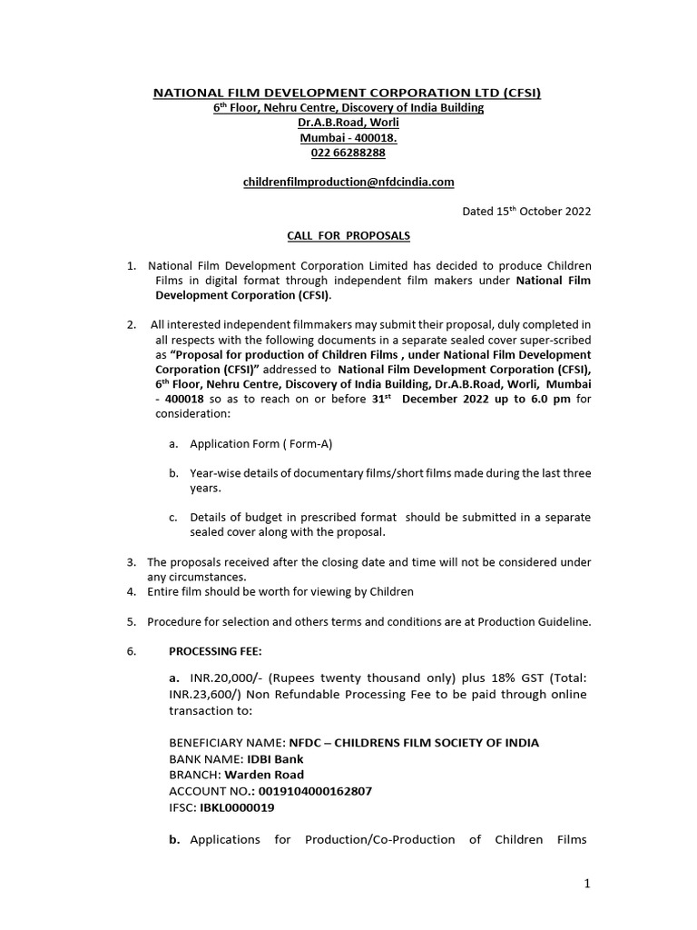 Call For Application NFDC - CFSI Films & Guideline | PDF