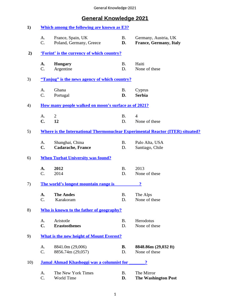 General Knowledge Quiz 2021 | PDF | Gulf Cooperation Council
