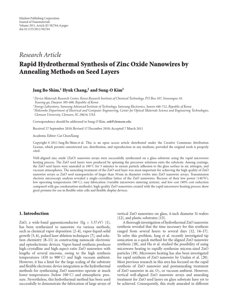 Rapid Hydrothermal Synthesis of Zinc Oxide Nanowir | PDF | Zinc Oxide ...