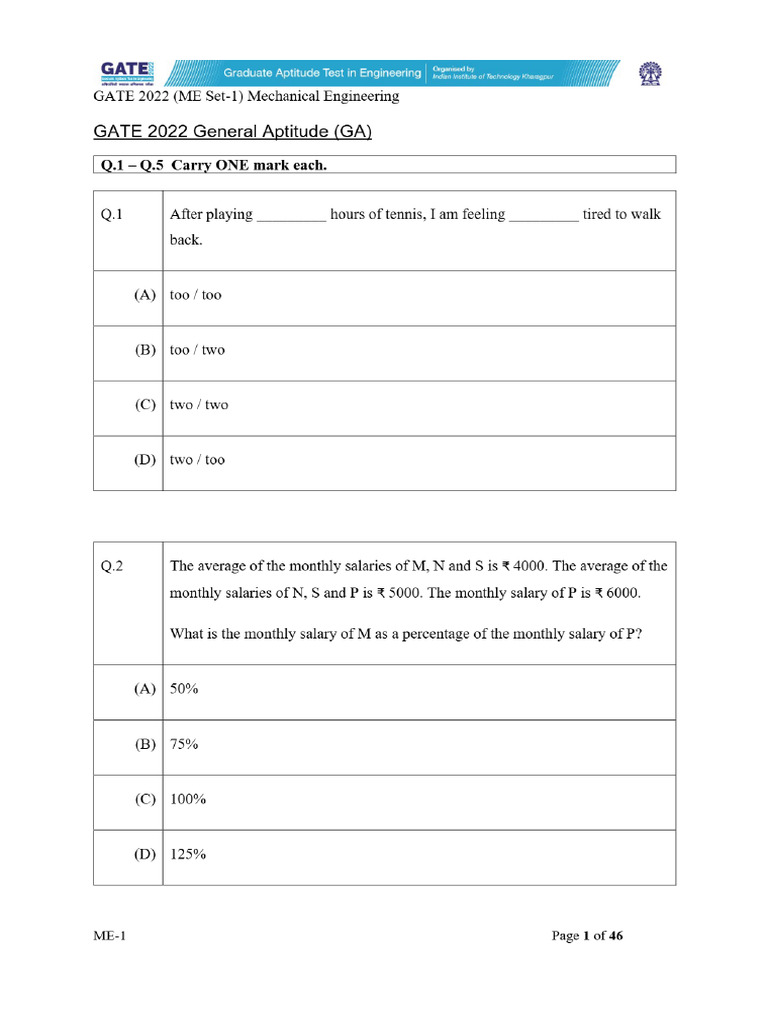 Mechanical Engineering Question Paper and Answer Key (Set 1) - GATE ...