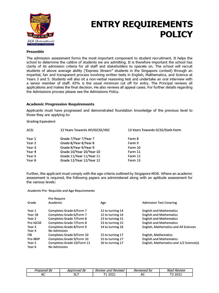 ACSI Entry Requirements Policy 7 March 2022 | PDF | University And ...