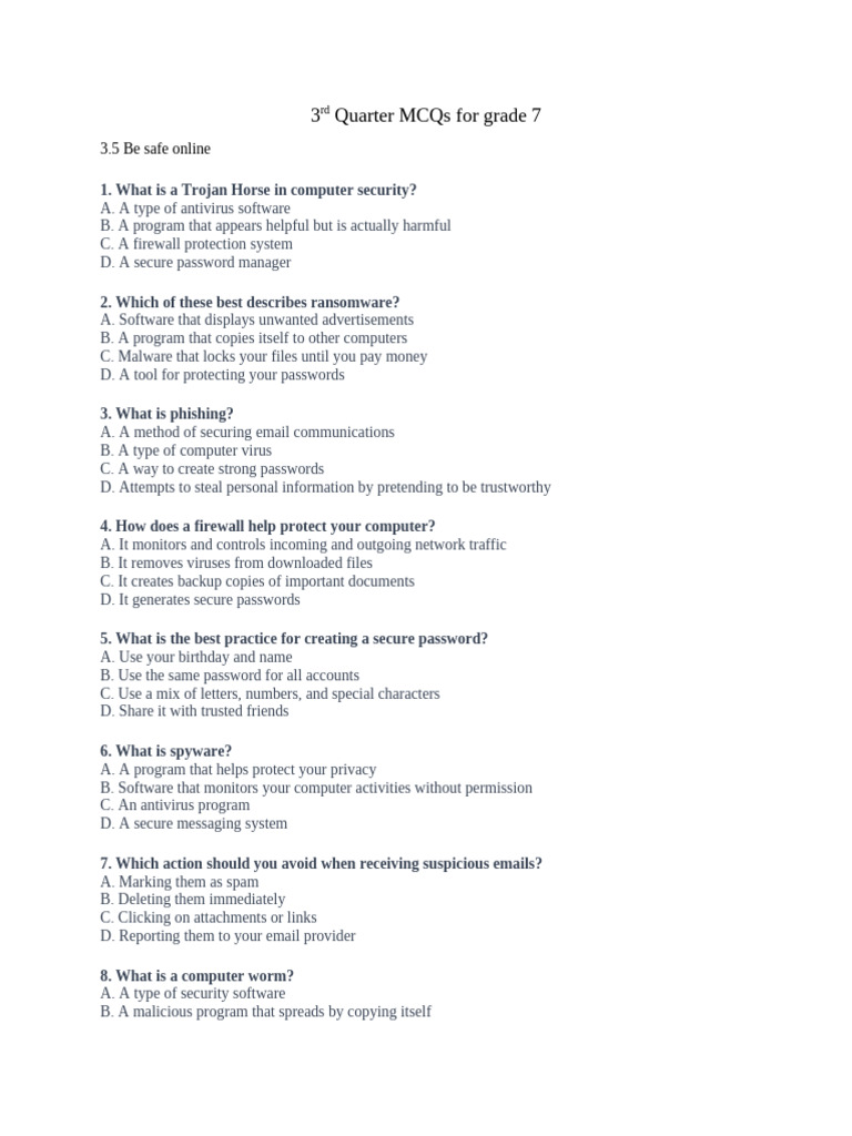 Grade 7 MCQs on Online Safety & Excel | PDF | Malware | Computer Virus