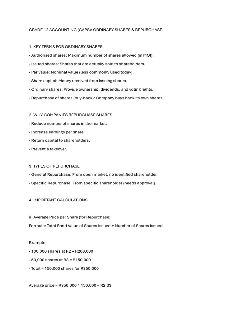 Grade 12 Retained Income & Shares Guide | PDF | Dividend | Share Repurchase