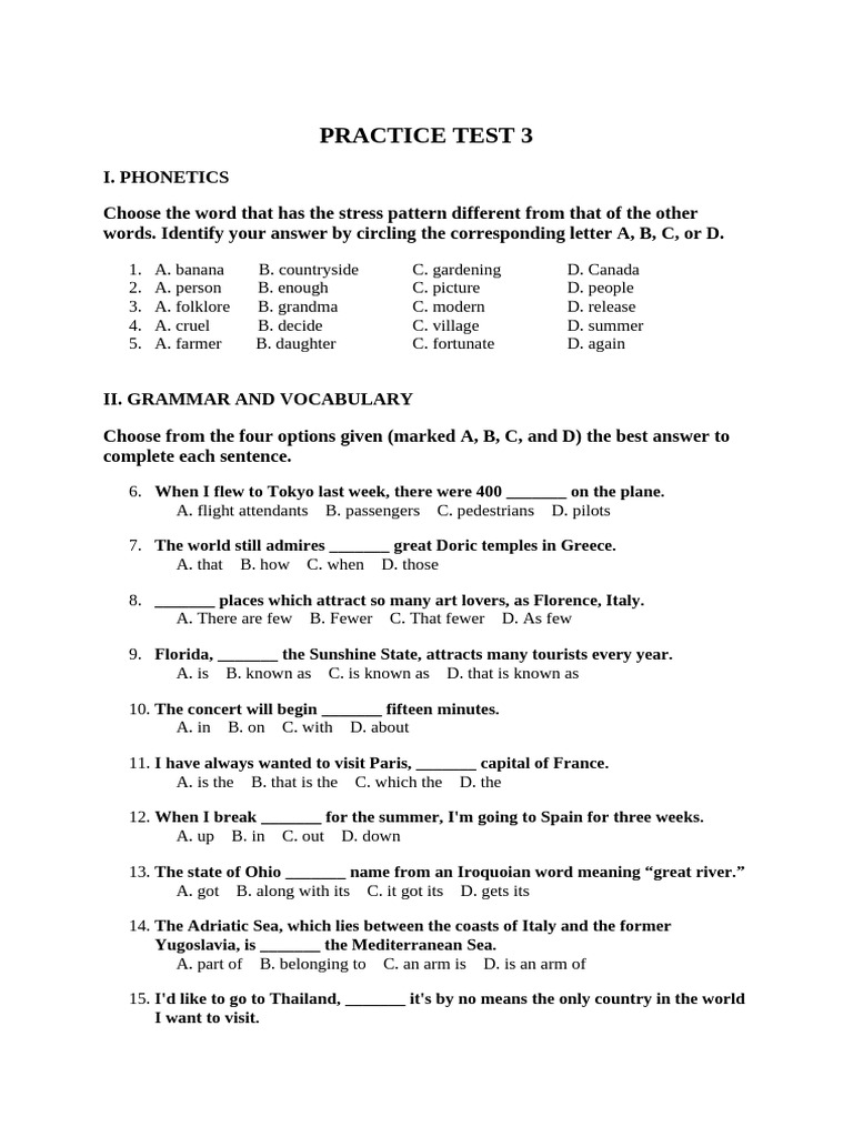 Phonetics and Grammar Practice Test | PDF | Walt Disney World