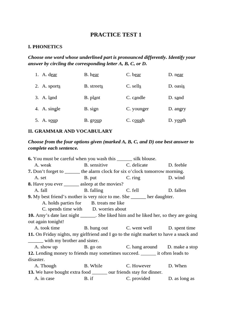 English Practice Test: Phonetics, Grammar, Reading | PDF