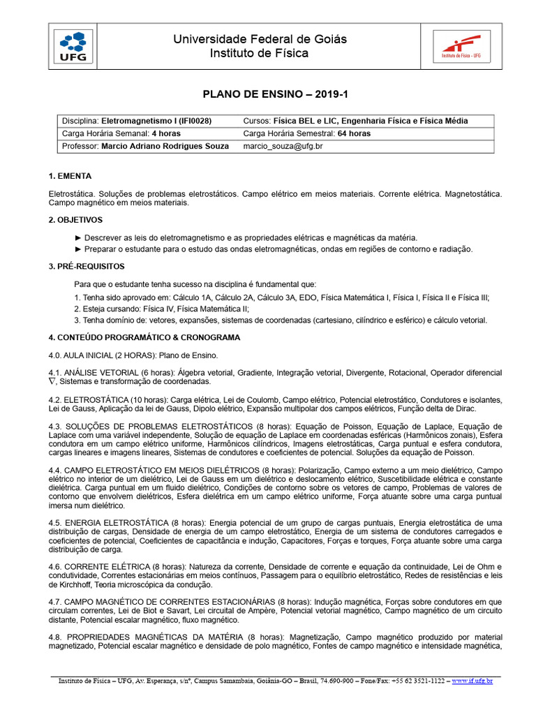 Plano de Ensino: Eletromagnetismo I UFG | PDF | Magnetismo | Eletricidade