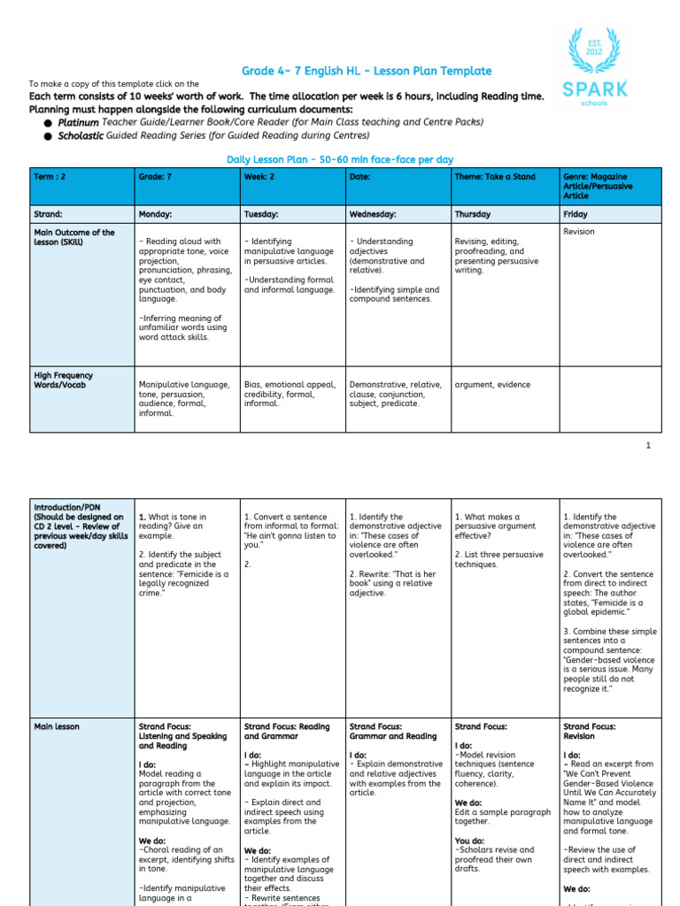Week 2 Term 2 English Lesson Plan 7 - 2025 | PDF | Violence | English ...