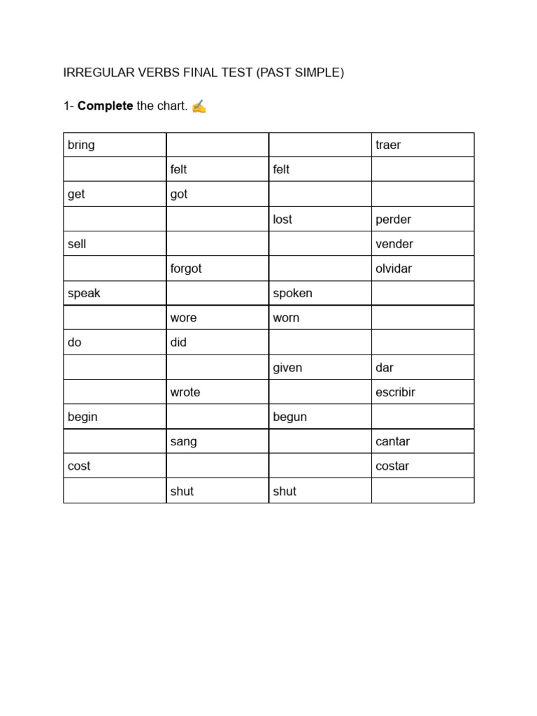 Irregular Verbs Final Test (Past Simple) | PDF
