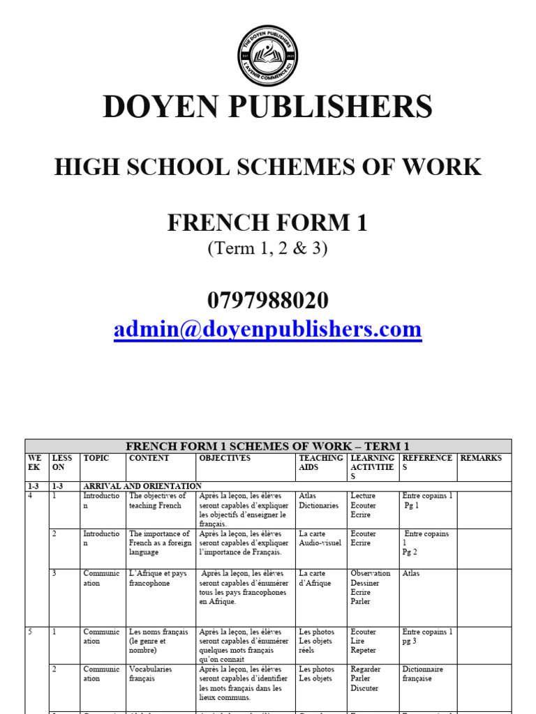 Schemes of Work: French Form 1 | PDF | Verbe | Question