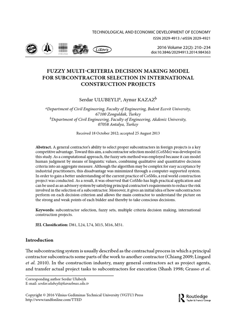 Fuzzy Model for Subcontractor Selection | PDF | Fuzzy Logic | Microsoft ...